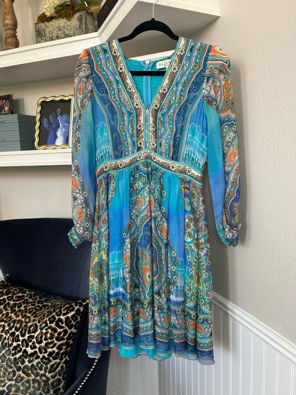 Hale Bob Turquoise & Aqua Paisley V-Neck Long Sleeve Dress